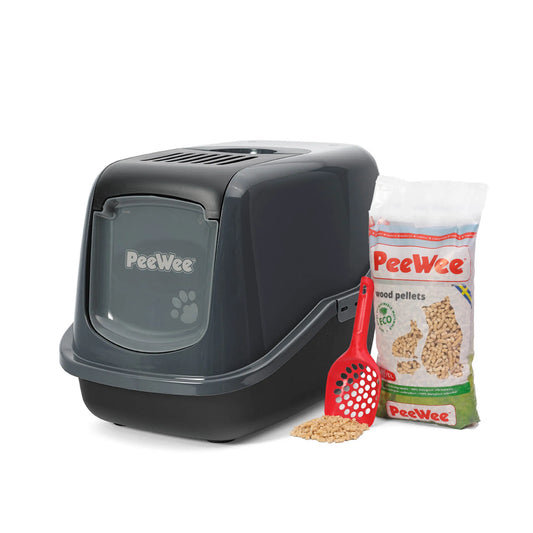 PeeWee EcoHus Starterpaket anthrazit schwarz – geschlossene Katzentoilette mit Haube, Holzstreu und Schaufel
