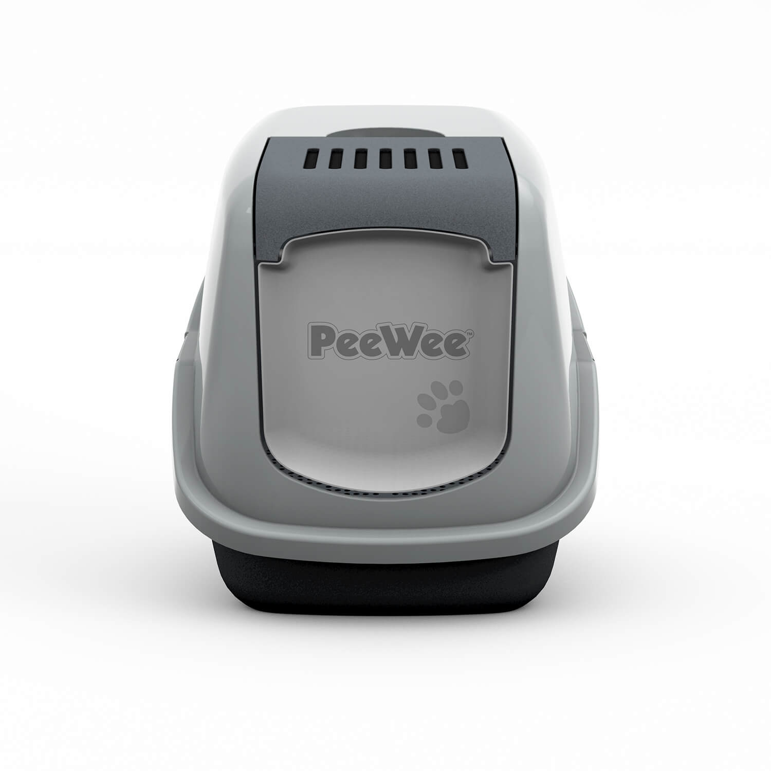 PeeWee EcoHus Katzentoilette Grau – geschlossene Frontansicht mit Belüftung und leichtgängiger Schwingtür
