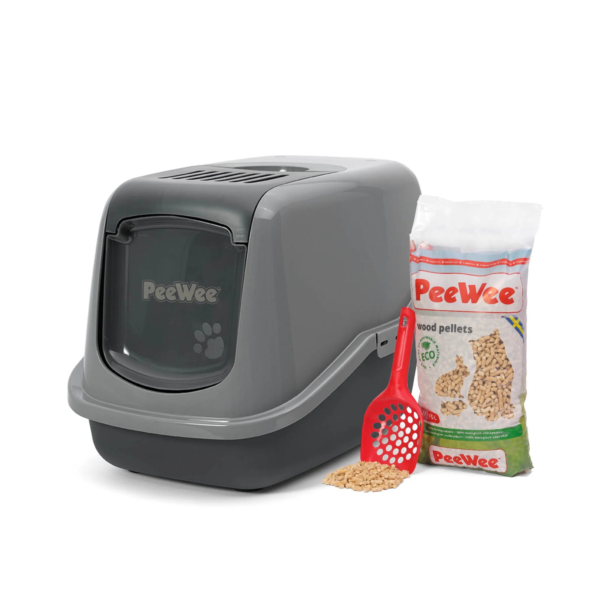 PeeWee EcoHus Starterpaket anthrazit grau – geschlossene Katzentoilette mit Haube, Holzstreu und Schaufel