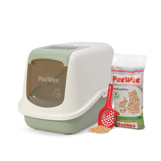 PeeWee EcoHus Starterpaket salbeigrün grün – geschlossene Katzentoilette mit Haube, Holzstreu und Schaufel