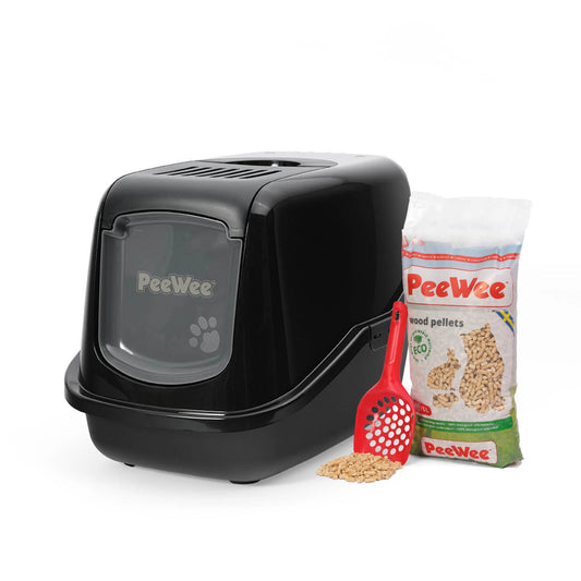 PeeWee EcoHus Starterpaket schwarz – geschlossene Katzentoilette mit Haube, Holzstreu und Schaufel