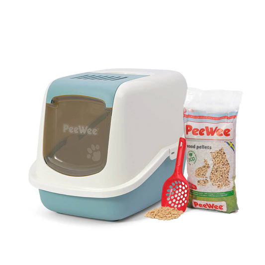 PeeWee EcoHus Starterpaket taubenblau blau – geschlossene Katzentoilette mit Haube, Holzstreu und Schaufel