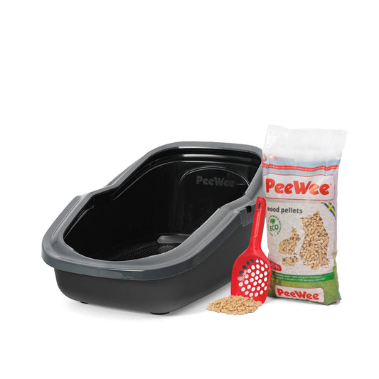 PeeWee EcoMinor Starterpaket anthrazit schwarz – offene Katzentoilette mit Holzstreu und Schaufel