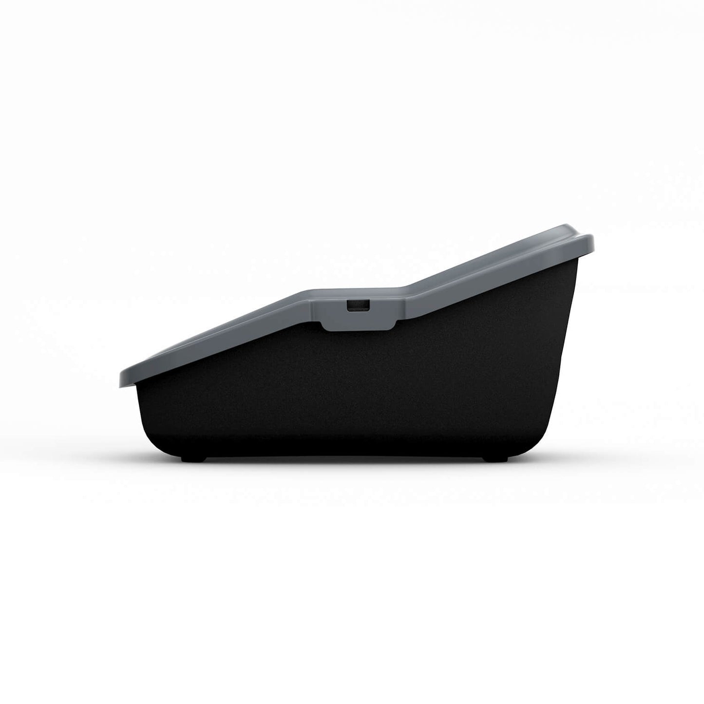 PeeWee EcoMinor Katzentoilette schwarz seitliche Flachansicht, zeigt ergonomisches und platzsparendes Design