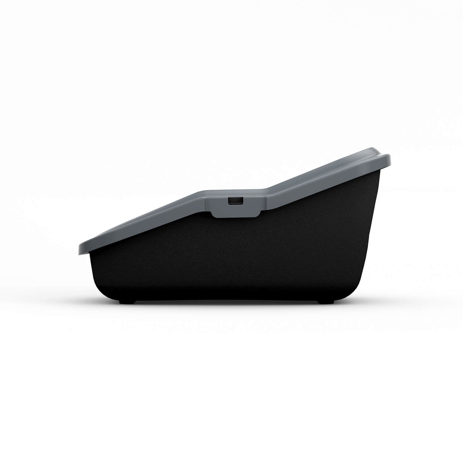 PeeWee EcoMinor Katzentoilette schwarz seitliche Flachansicht, zeigt ergonomisches und platzsparendes Design