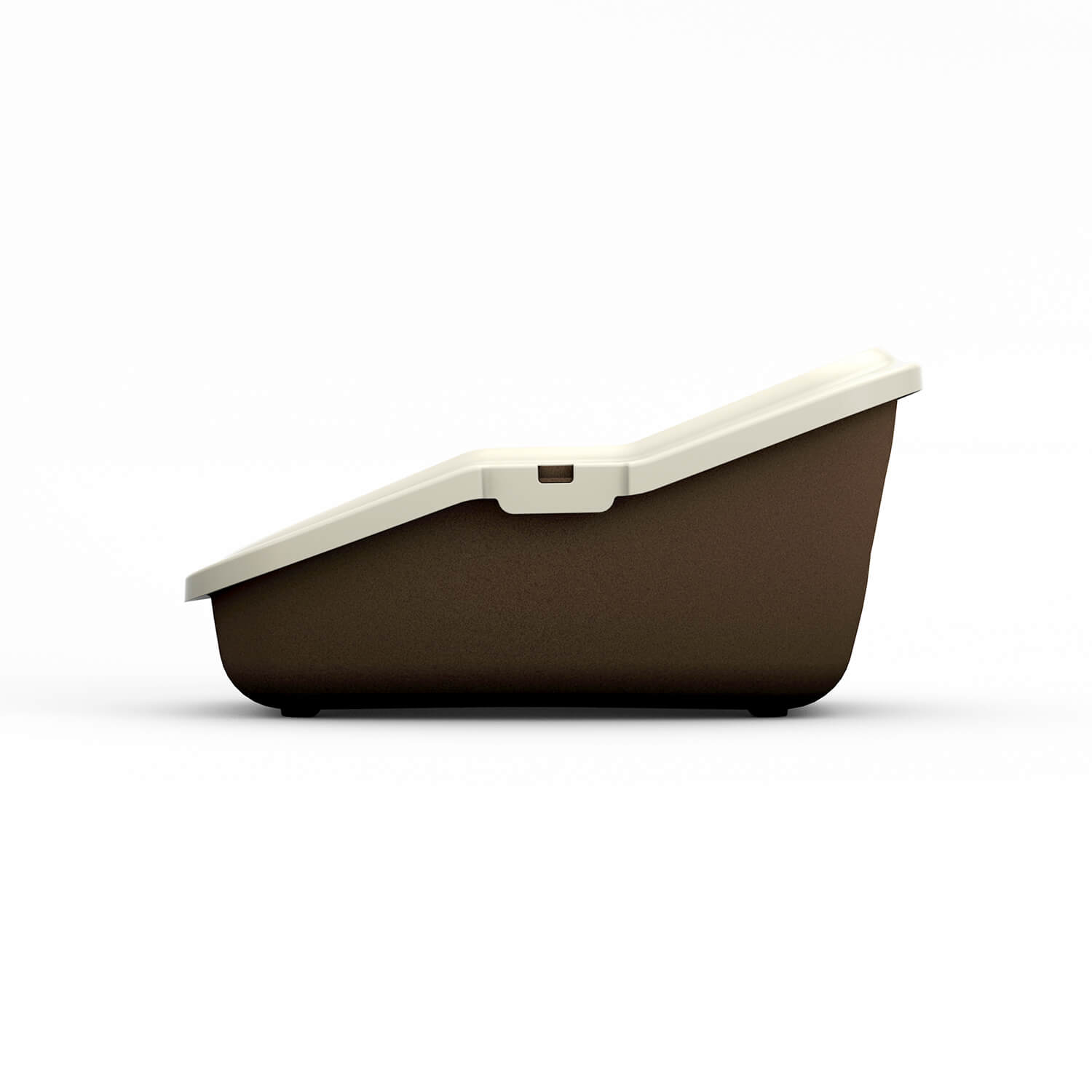 PeeWee EcoMinor Katzentoilette braun seitliche Flachansicht, zeigt ergonomisches und platzsparendes Design