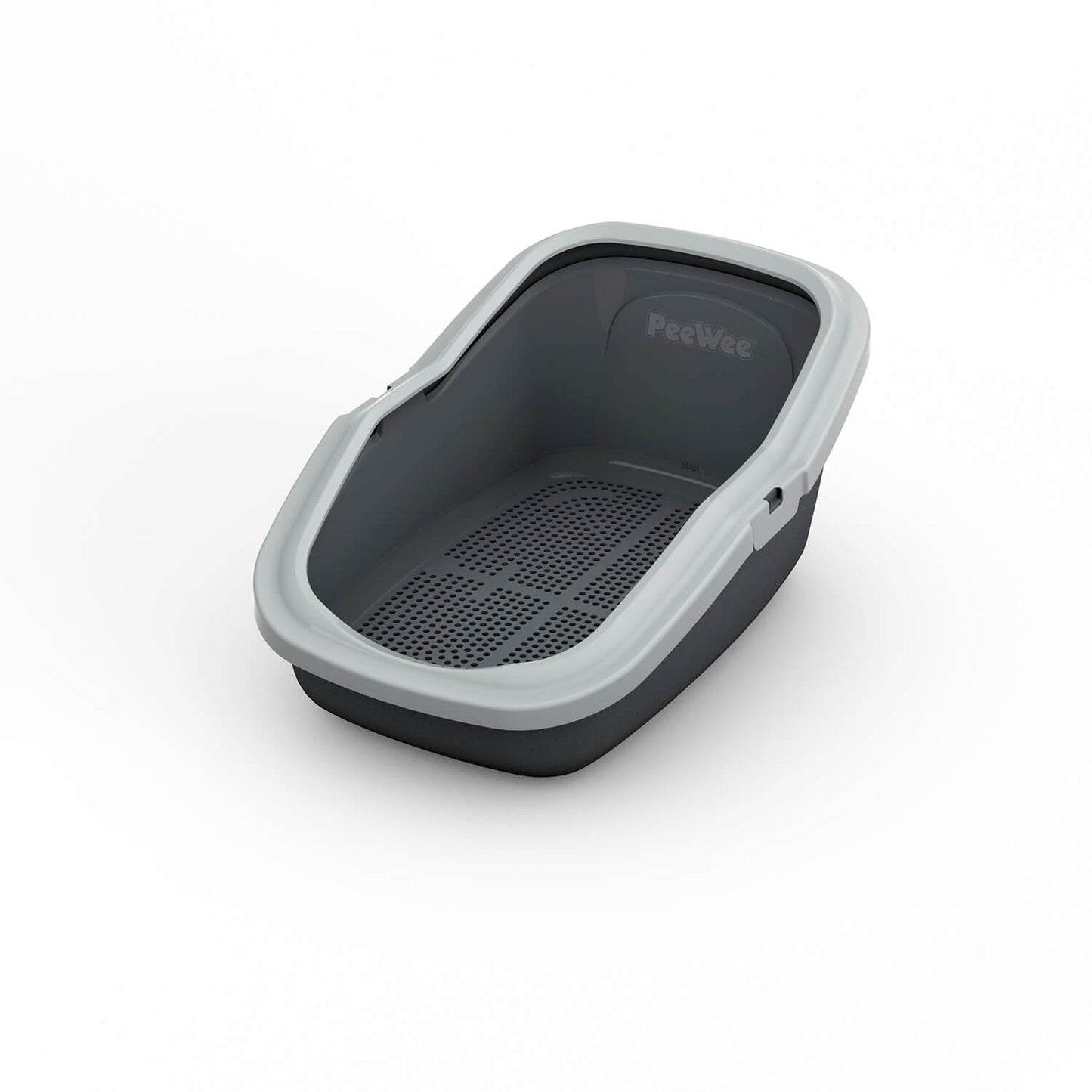 PeeWee EcoMinor Katzentoilette Grau – offene Sicht von schräg oben mit integriertem Siebsystem.