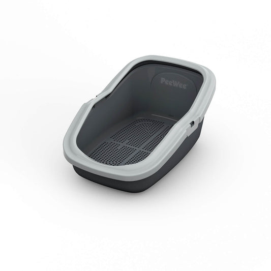 PeeWee EcoMinor Katzentoilette Grau – offene Sicht von schräg oben mit integriertem Siebsystem.