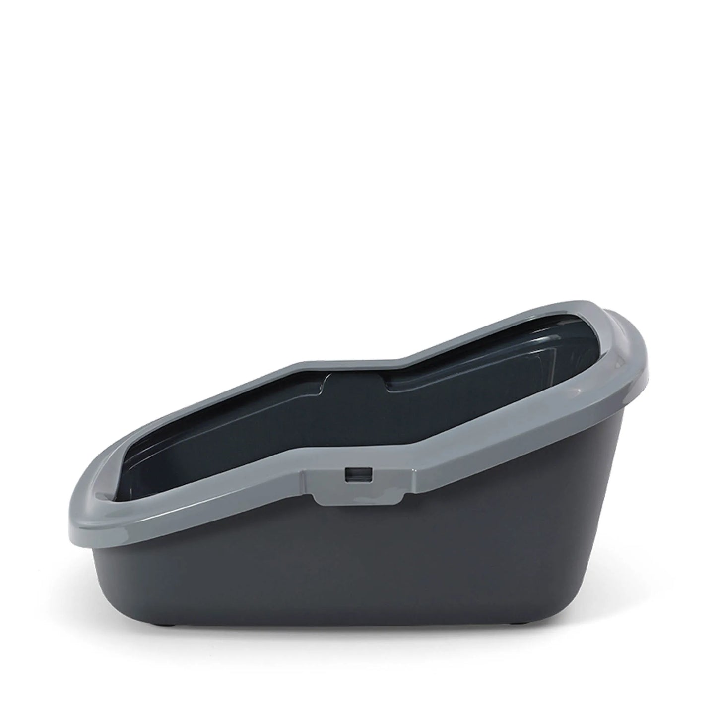 PeeWee EcoMinor Katzentoilette grau anthrazit seitliche Flachansicht, zeigt ergonomisches und platzsparendes Design