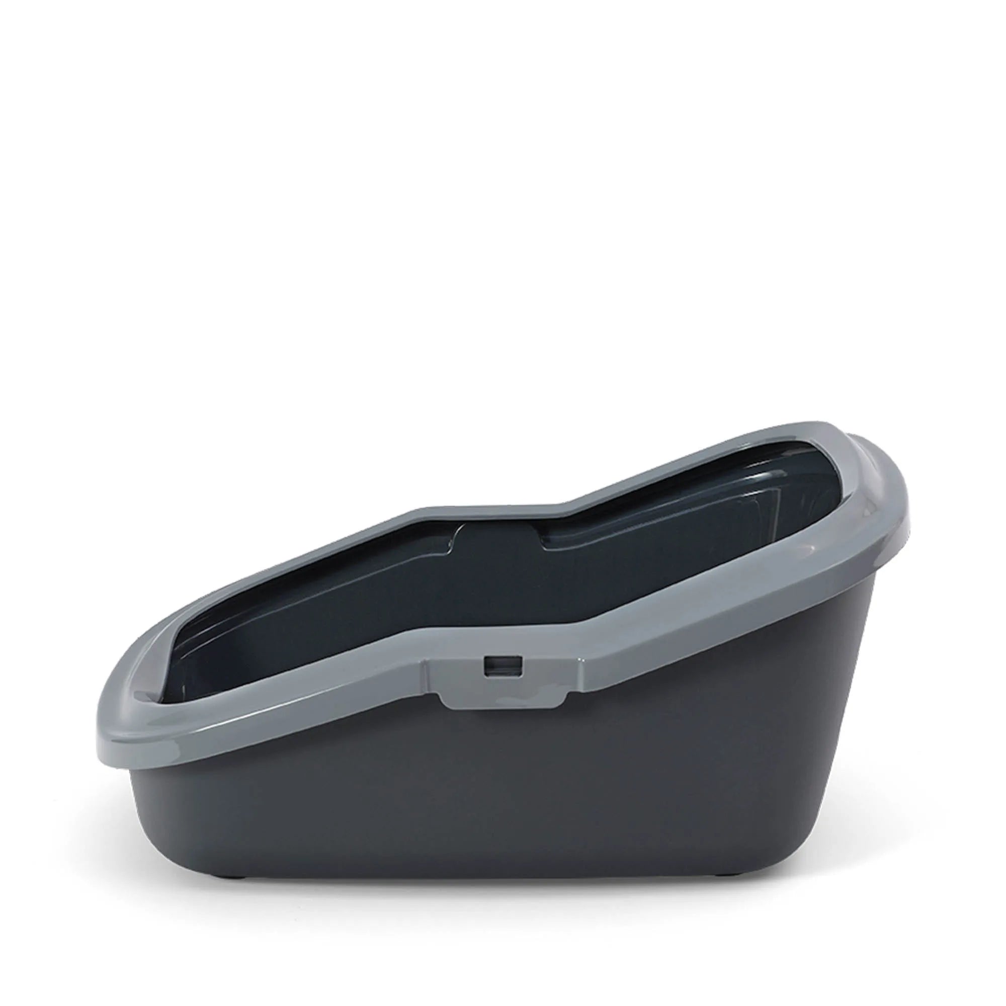 PeeWee EcoMinor Katzentoilette grau anthrazit seitliche Flachansicht, zeigt ergonomisches und platzsparendes Design