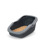 PeeWee EcoMinor Katzentoilette grau offene Sicht von schräg oben Holzpellets im Sieb sind zu sehen