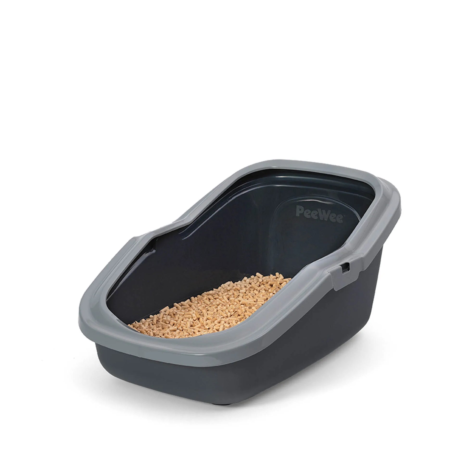 PeeWee EcoMinor Katzentoilette grau offene Sicht von schräg oben Holzpellets im Sieb sind zu sehen