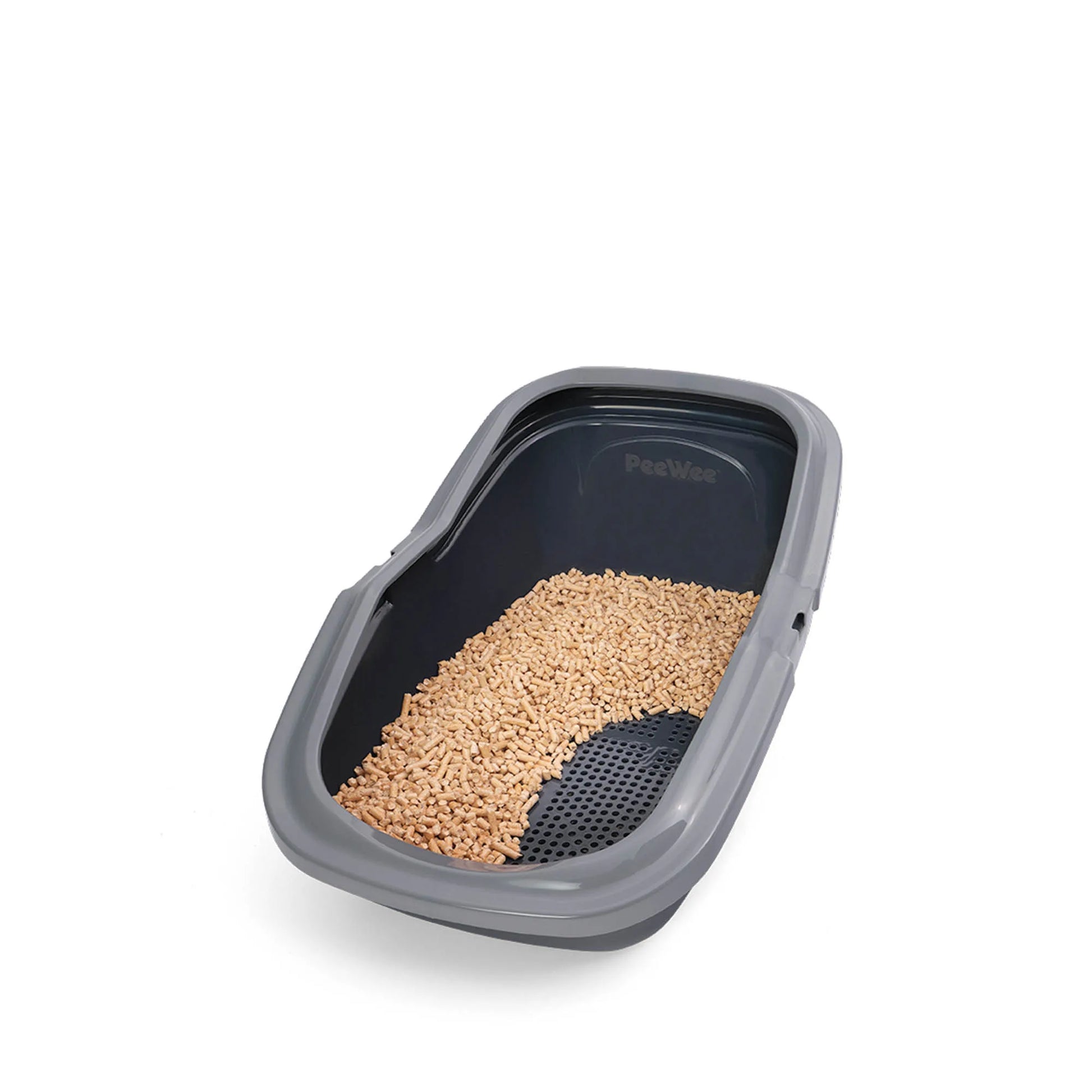 PeeWee EcoMinor Katzentoilette grau offene Sicht von schräg oben Holzpellets und Teile des Siebes sind zu sehen