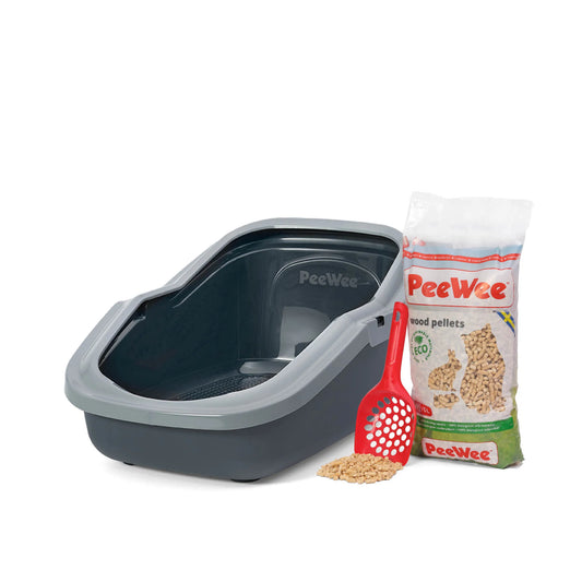 PeeWee EcoMinor Starterpaket grau – offene Katzentoilette mit Holzstreu und Schaufel