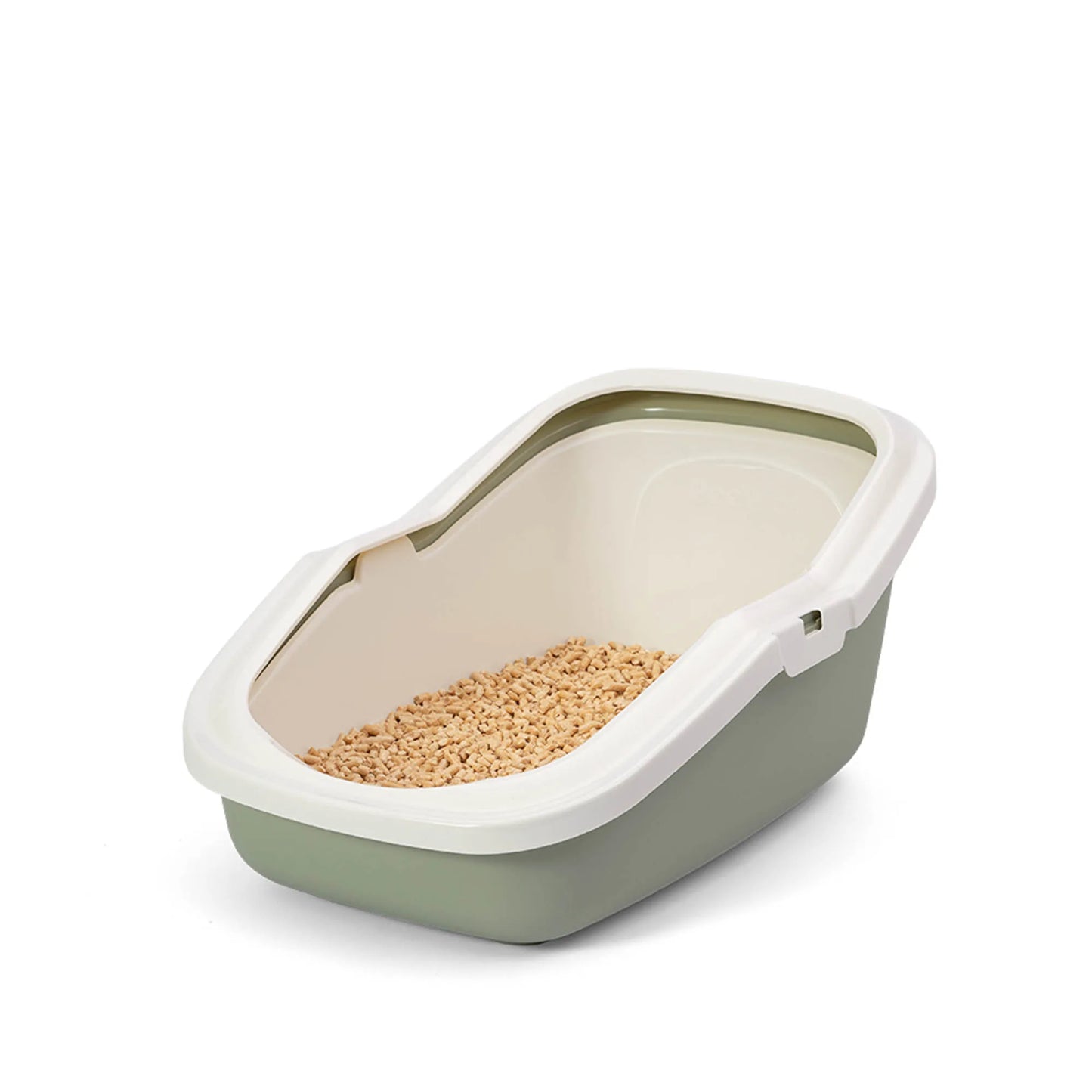 PeeWee EcoMinor Katzentoilette salbeigrün grün Sicht von schräg oben Holzpellets im Sieb sind zu sehen