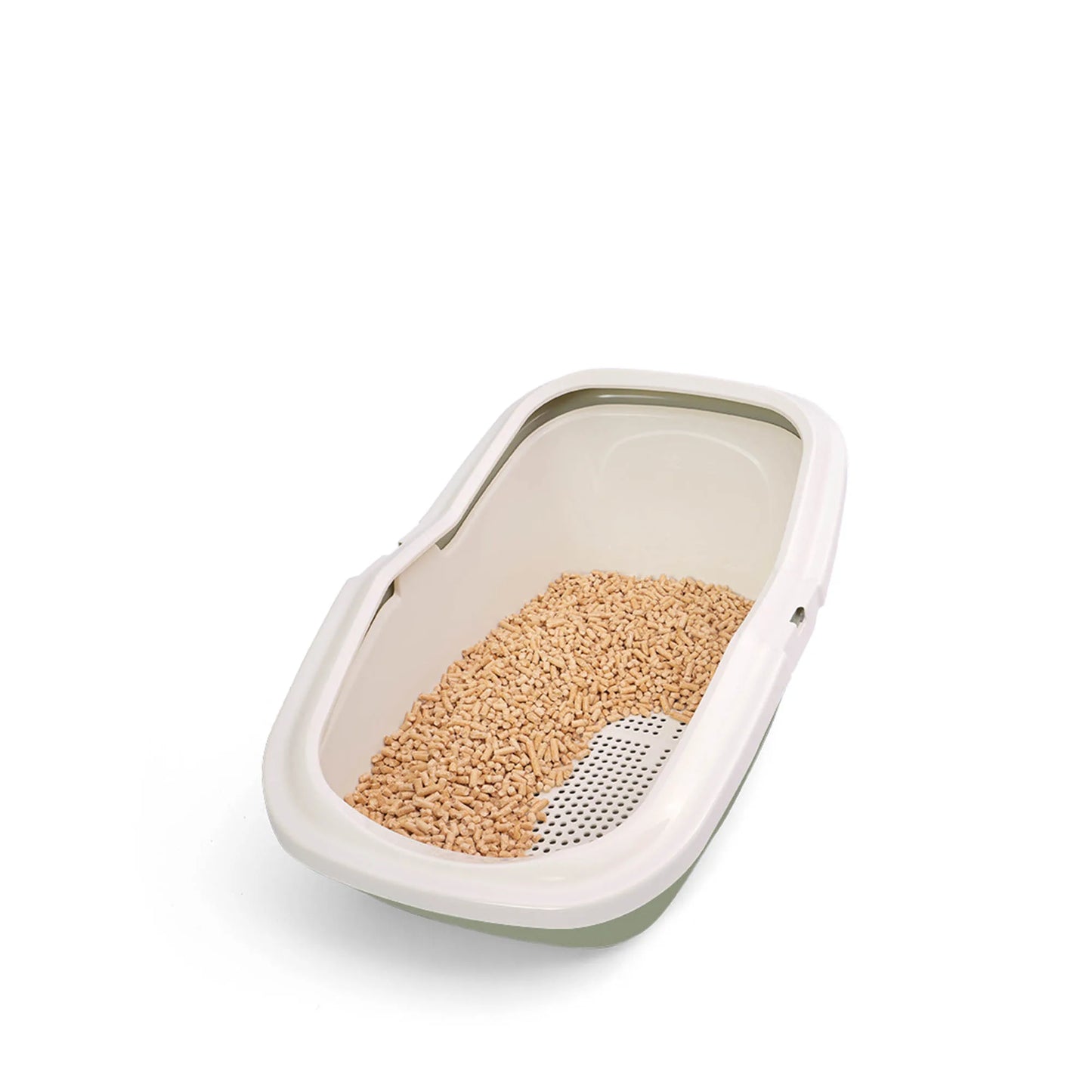 PeeWee EcoMinor Katzentoilette salbeigrün grün offene Sicht von schräg oben Holzpellets und Teile des Siebes sind zu sehen