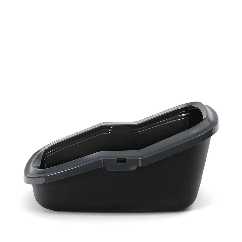 PeeWee EcoMinor Katzentoilette schwarz anthrazit seitliche Flachansicht, zeigt ergonomisches und platzsparendes Design