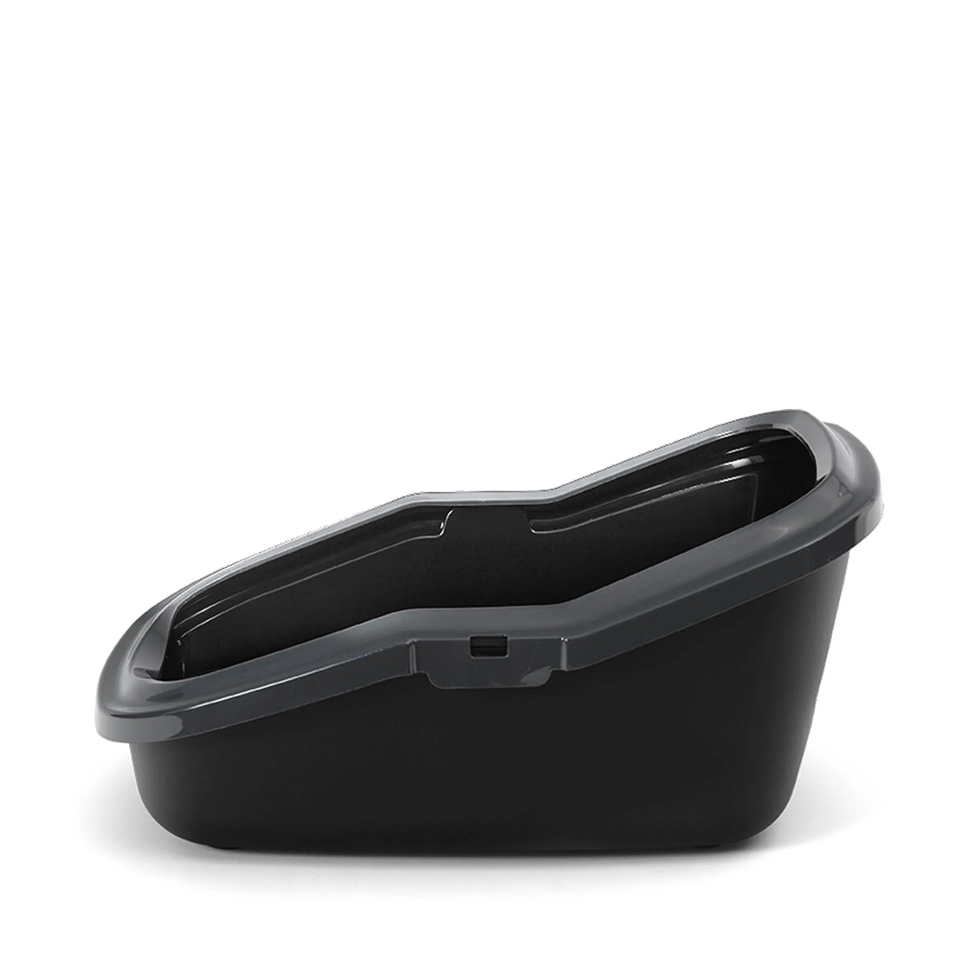 PeeWee EcoMinor Katzentoilette schwarz anthrazit seitliche Flachansicht, zeigt ergonomisches und platzsparendes Design