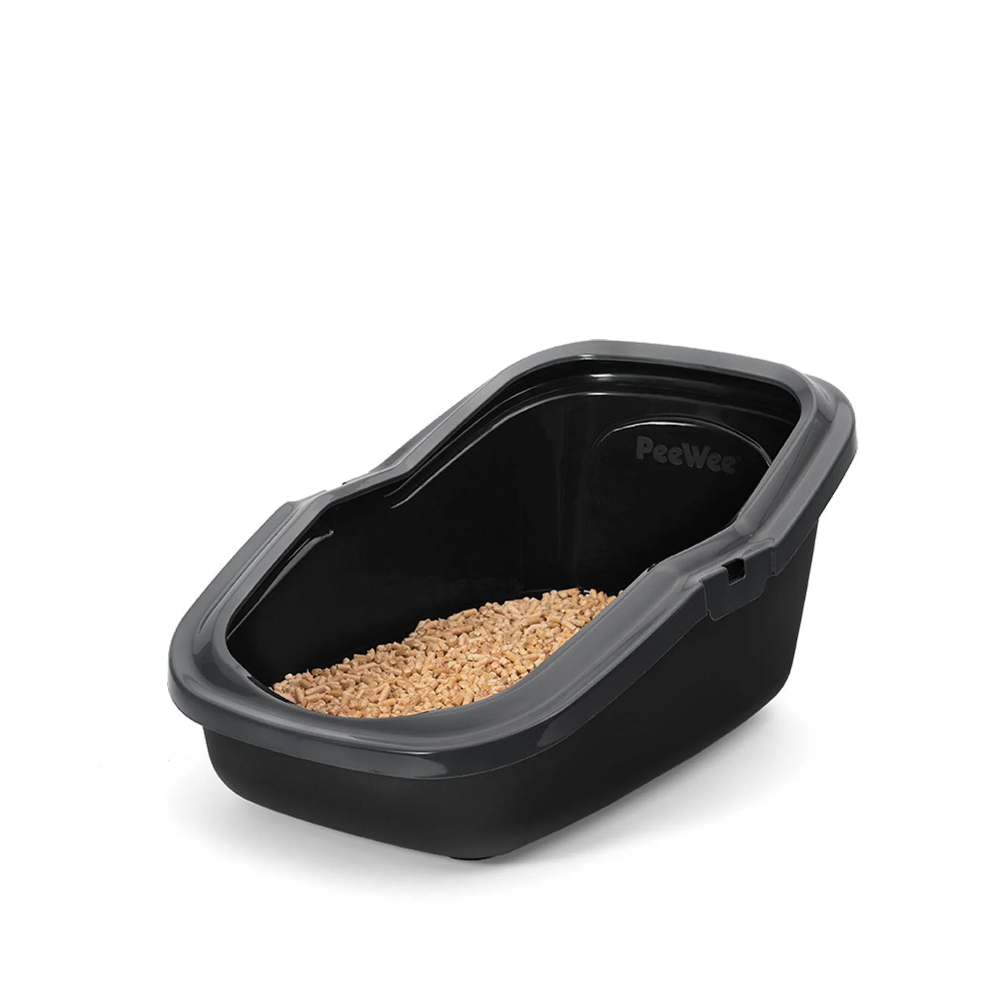 PeeWee EcoMinor Katzentoilette schwarz offene Sicht von schräg oben Holzpellets im Sieb sind zu sehen