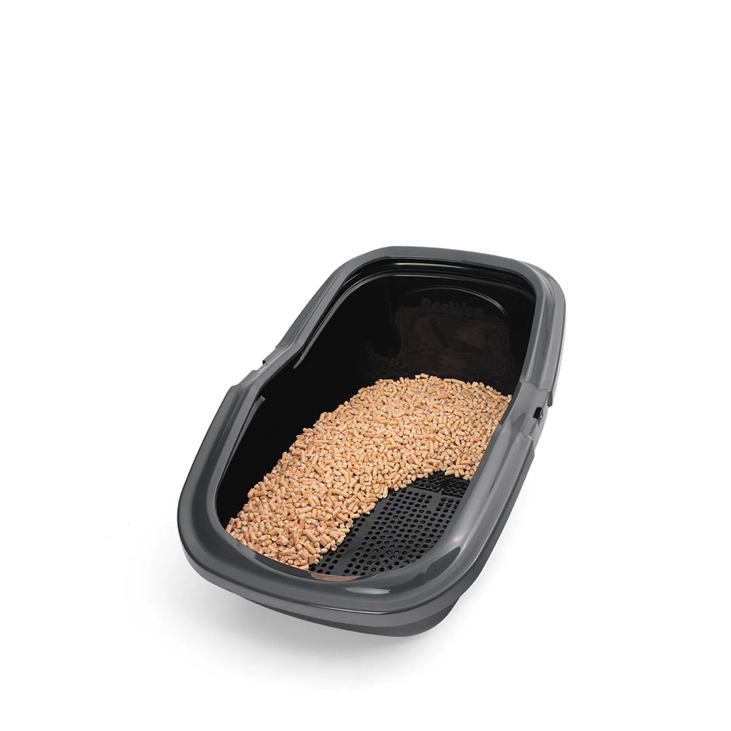 PeeWee EcoMinor Katzentoilette schwarz offene Sicht von schräg oben Holzpellets und Teile des Siebes sind zu sehen