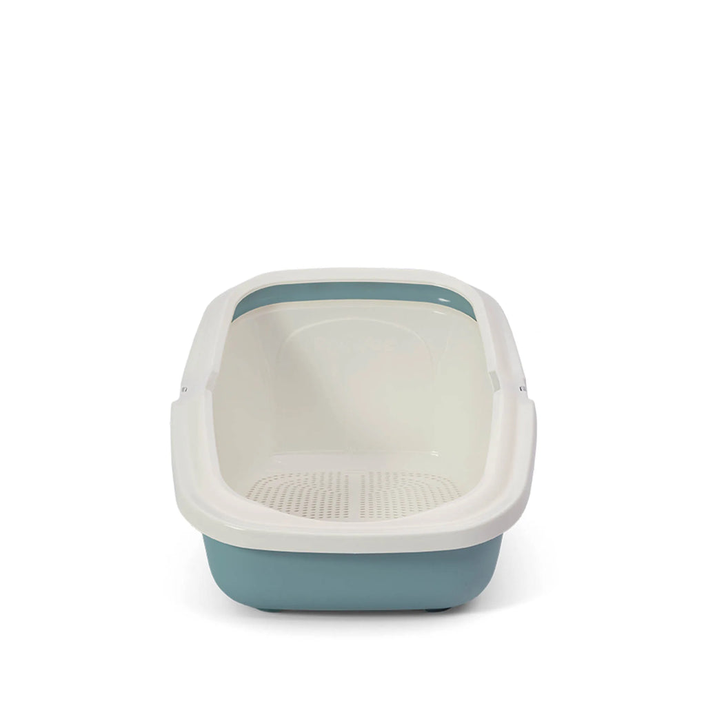 PeeWee EcoMinor Katzentoilette blau taubenblau anthrazit Frontalansicht mit Siebsystem für nachhaltige Streunutzung