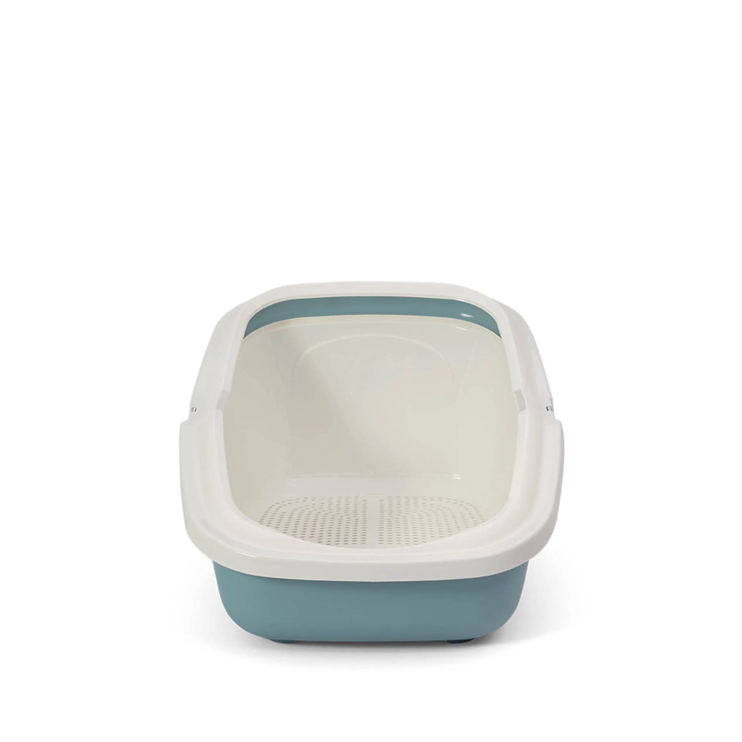 PeeWee EcoMinor Katzentoilette blau taubenblau anthrazit Frontalansicht mit Siebsystem für nachhaltige Streunutzung
