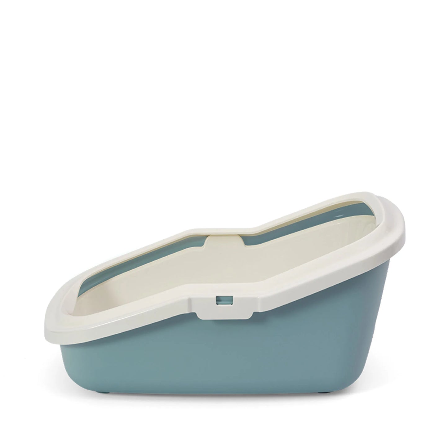 PeeWee EcoMinor Katzentoilette blau taubenblau anthrazit seitliche Flachansicht, zeigt ergonomisches und platzsparendes Design