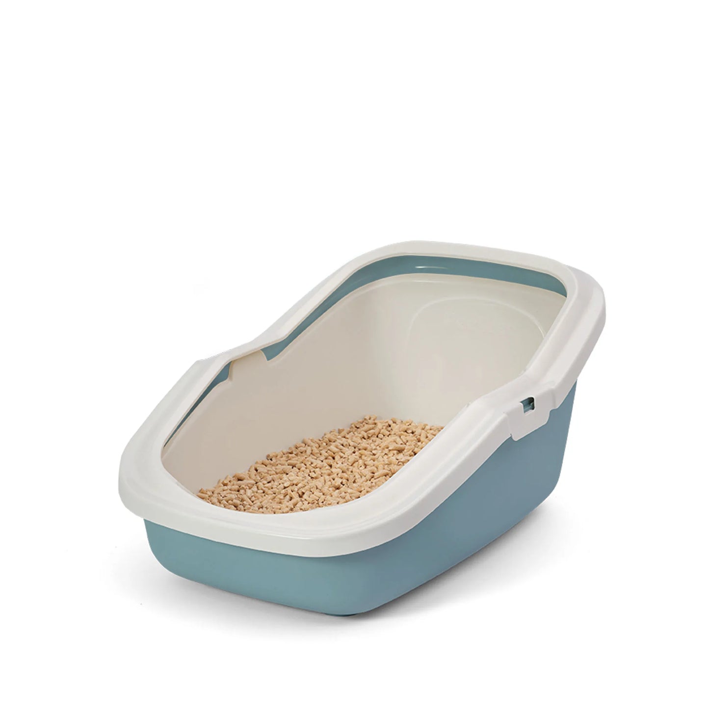 PeeWee EcoMinor Katzentoilette blau taubenblau offene Sicht von schräg oben Holzpellets im Sieb sind zu sehen