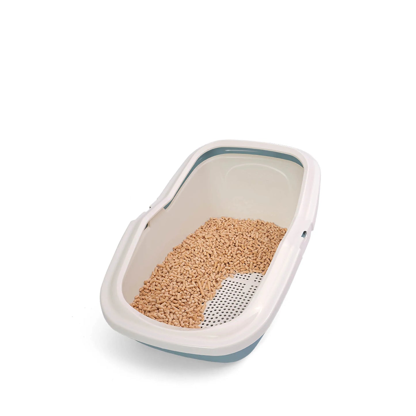 PeeWee EcoMinor Katzentoilette blau taubenblau offene Sicht von schräg oben Holzpellets und Teile des Siebes sind zu sehen