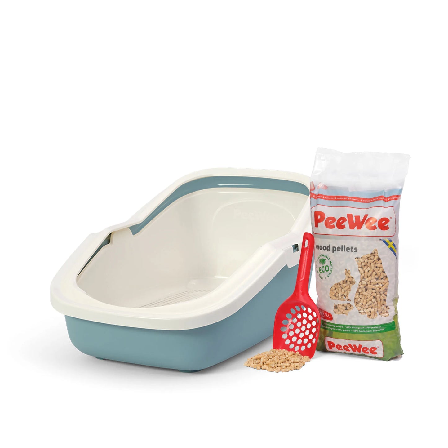 PeeWee EcoMinor Starterpaket blau taubenblau – offene Katzentoilette mit Holzstreu und Schaufel