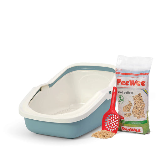 PeeWee EcoMinor Starterpaket blau taubenblau – offene Katzentoilette mit Holzstreu und Schaufel