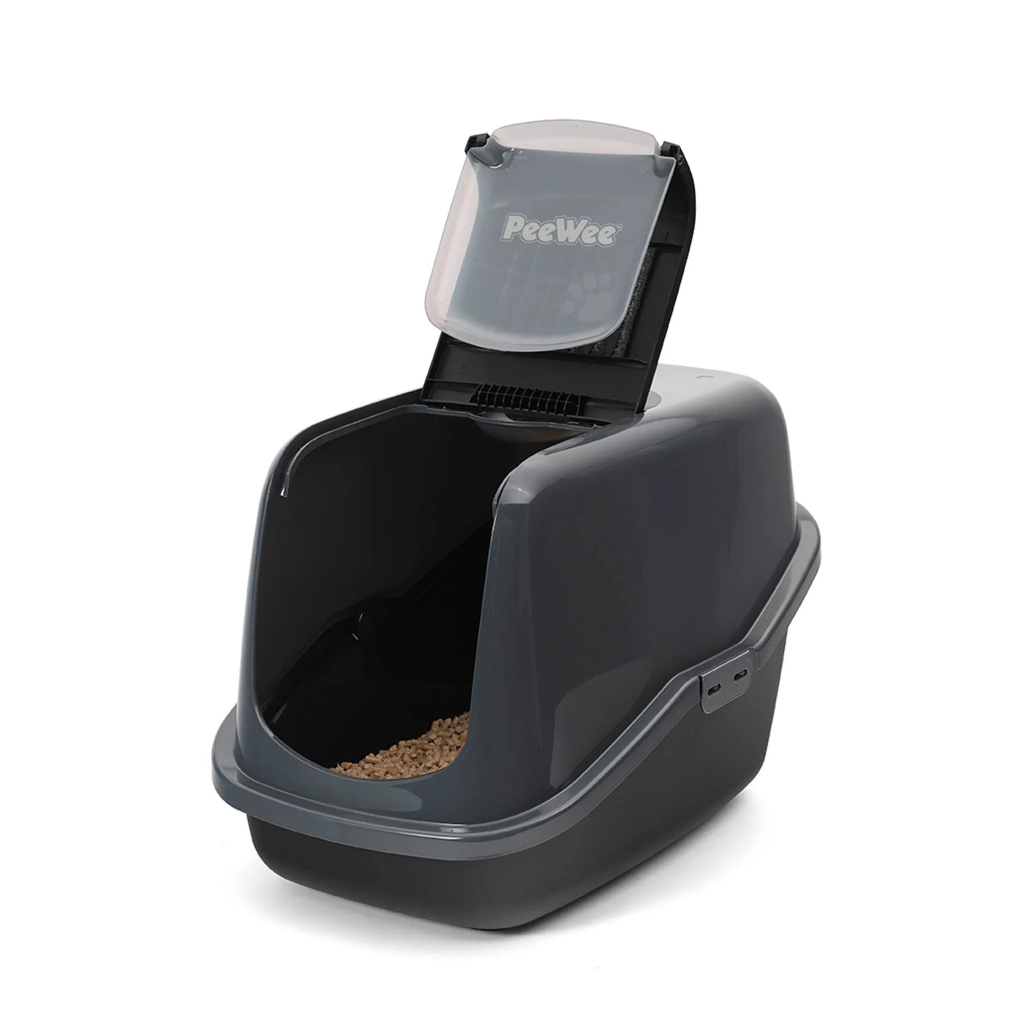 PeeWee EcoHus Katzenklo Anthrazit-Schwarz – Starterpaket mit Haube & 3 kg Holzpellets