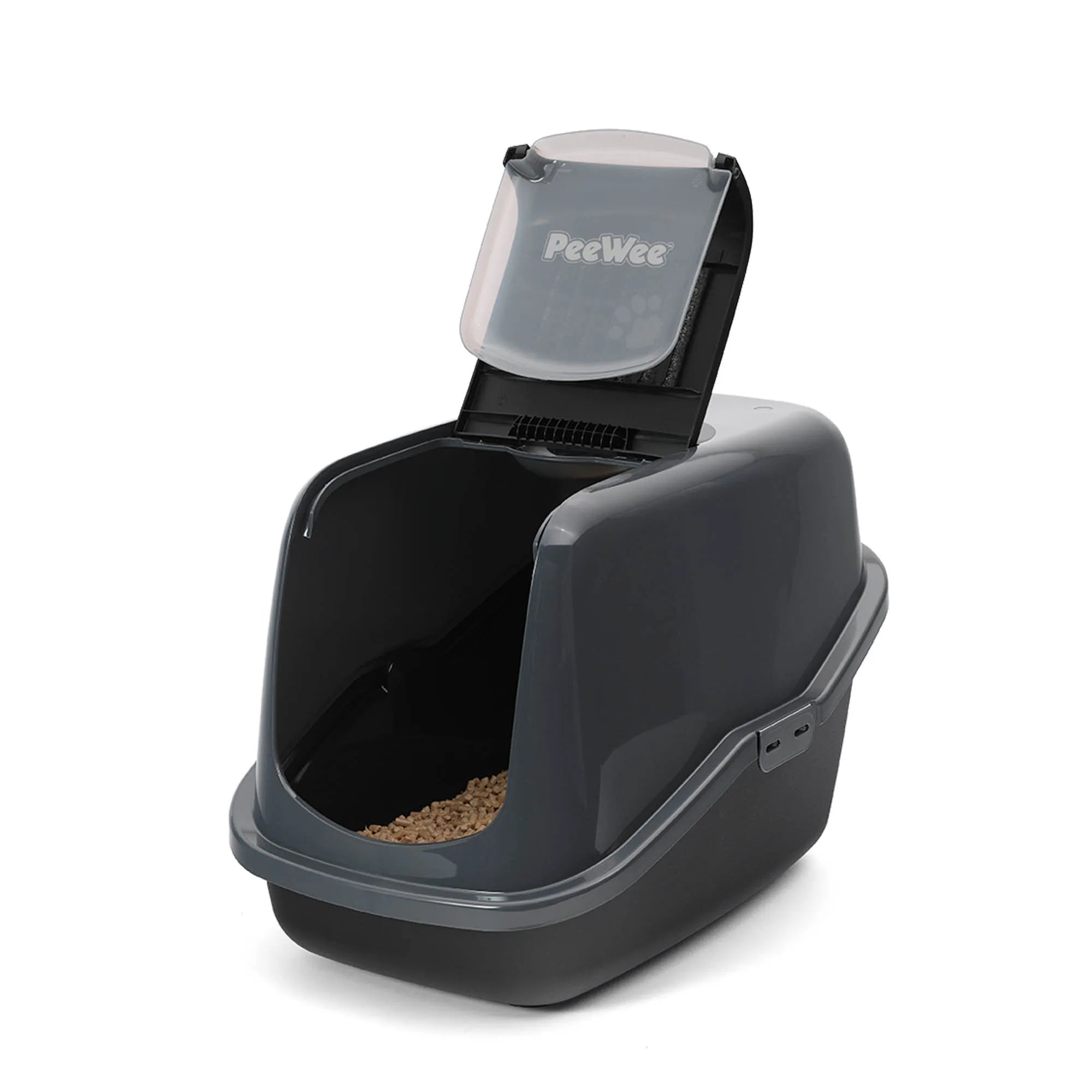 PeeWee EcoHus Katzenklo Anthrazit-Schwarz – Starterpaket mit Haube & 3 kg Holzpellets