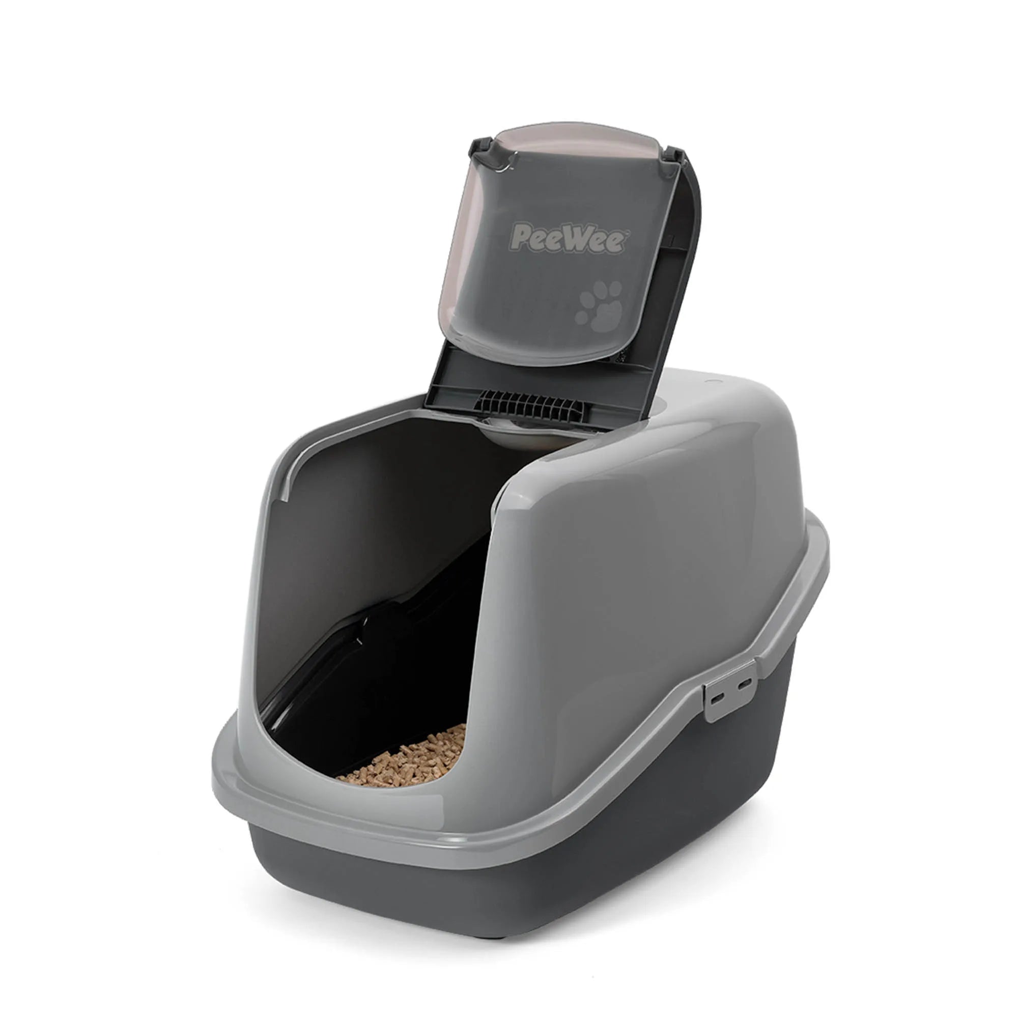 PeeWee EcoHus Katzenklo Grau – Starterpaket mit Haube & 3 kg Holzpellets