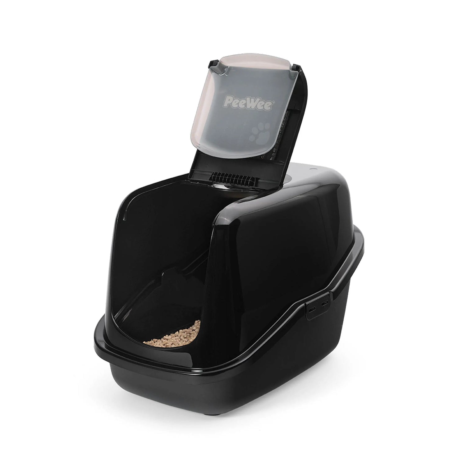 PeeWee EcoHus Katzenklo Schwarz – Starterpaket mit Haube & 3 kg Holzpellets