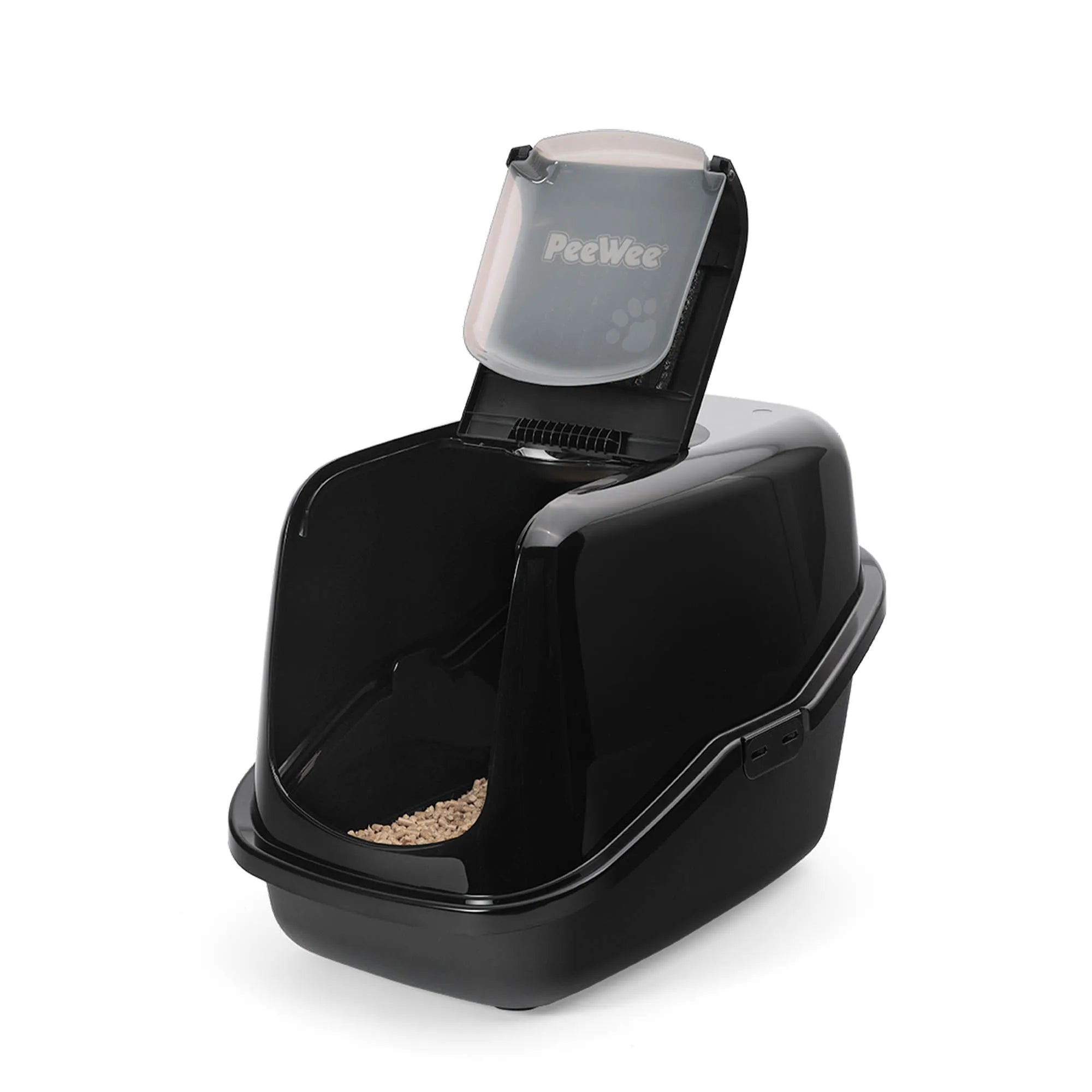 PeeWee EcoHus Katzenklo Schwarz – Starterpaket mit Haube & 3 kg Holzpellets