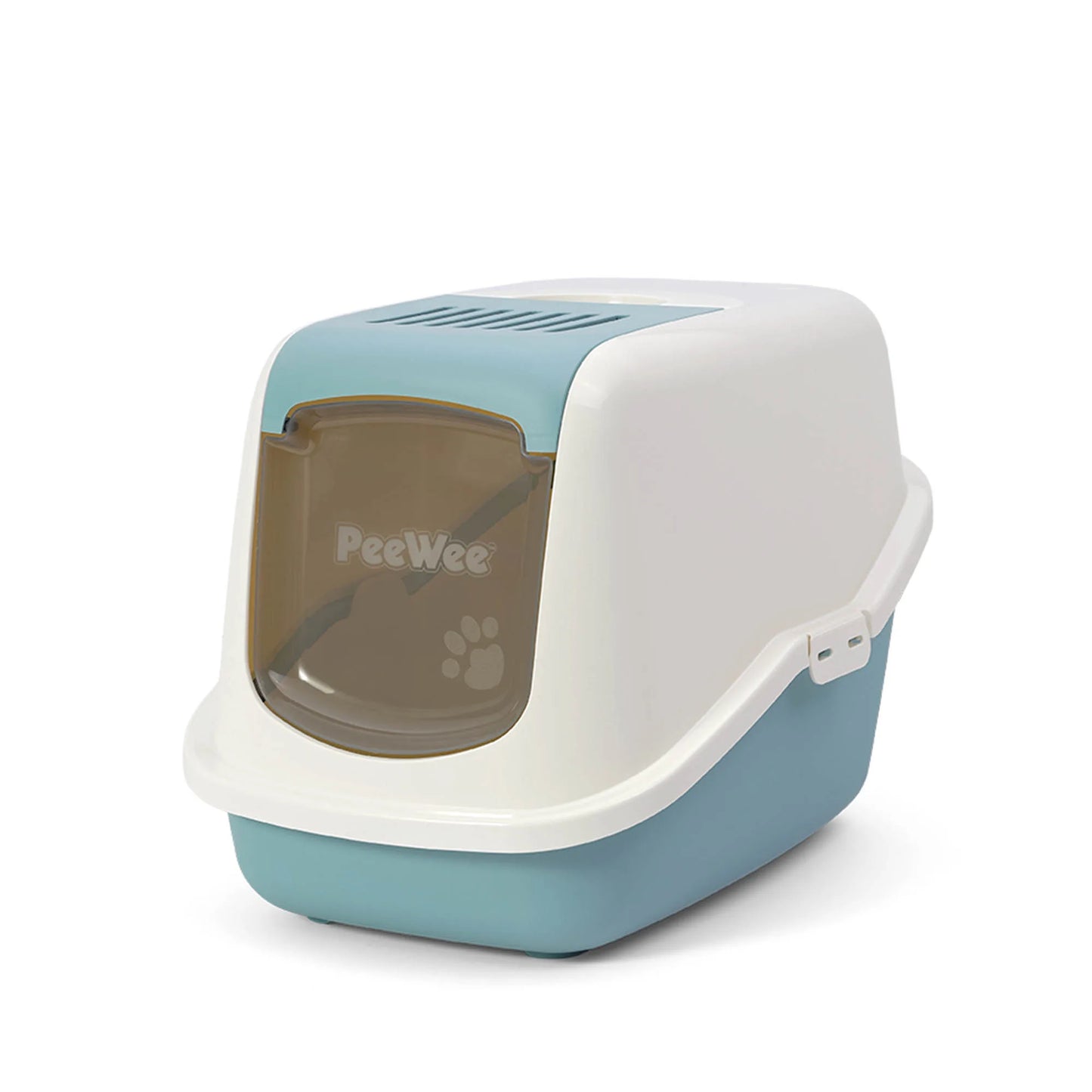 PeeWee EcoHus Katzenklo Taubenblau – Starterpaket mit Haube & 3 kg Holzpellets