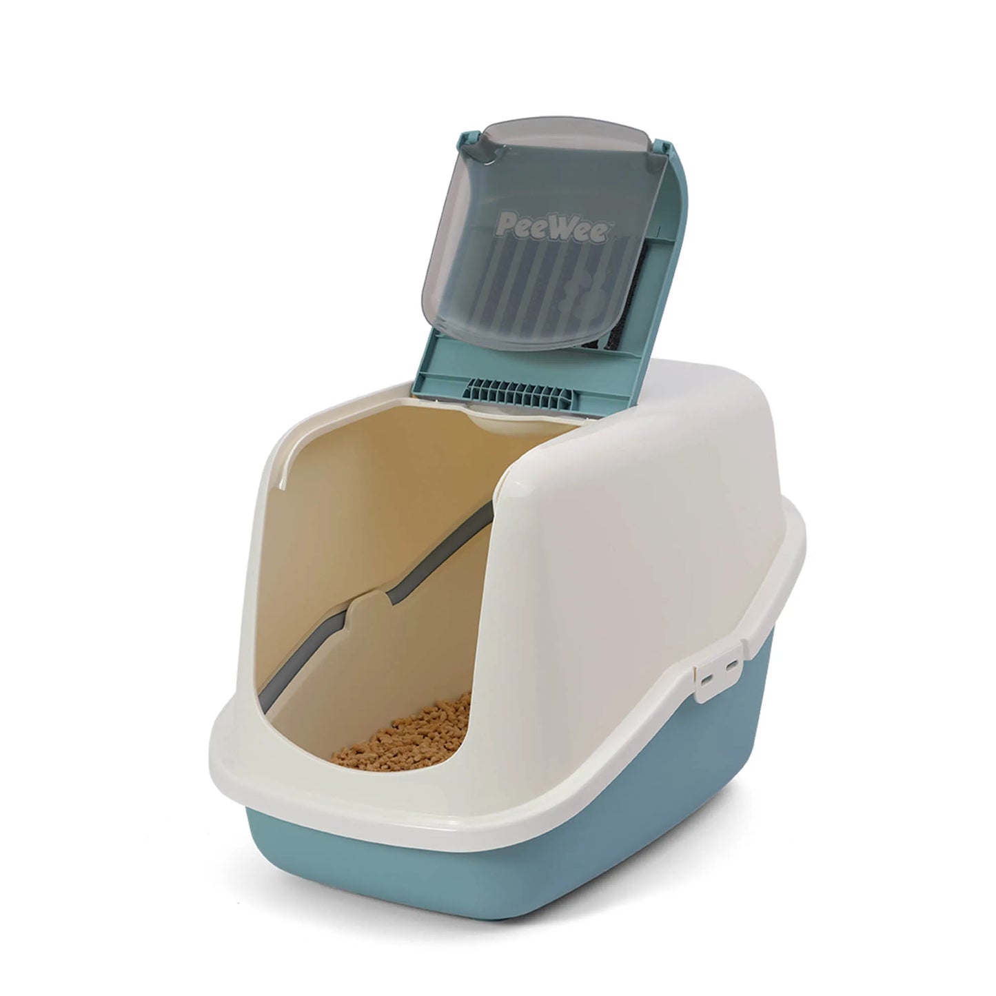 PeeWee EcoHus Katzenklo Taubenblau – Starterpaket mit Haube & 3 kg Holzpellets