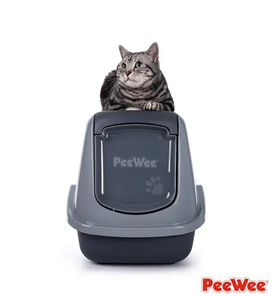 PeeWee EcoHus Katzentoilette in Grau mit Katze auf der Haube – geschlossene Toilette mit Siebsystem.