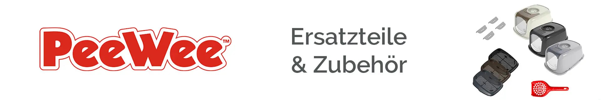 PeeWee Ersatzteile & Zubehör Banner mit verschiedenen Katzentoiletten, Ersatzteilen und einer roten Streuschaufel.
