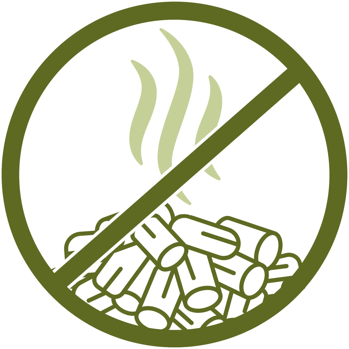 Symbol für geruchsbindendes Katzenstreu mit Holzpellets und grünen Geruchswellen, durchgestrichen mit Verbotsschild