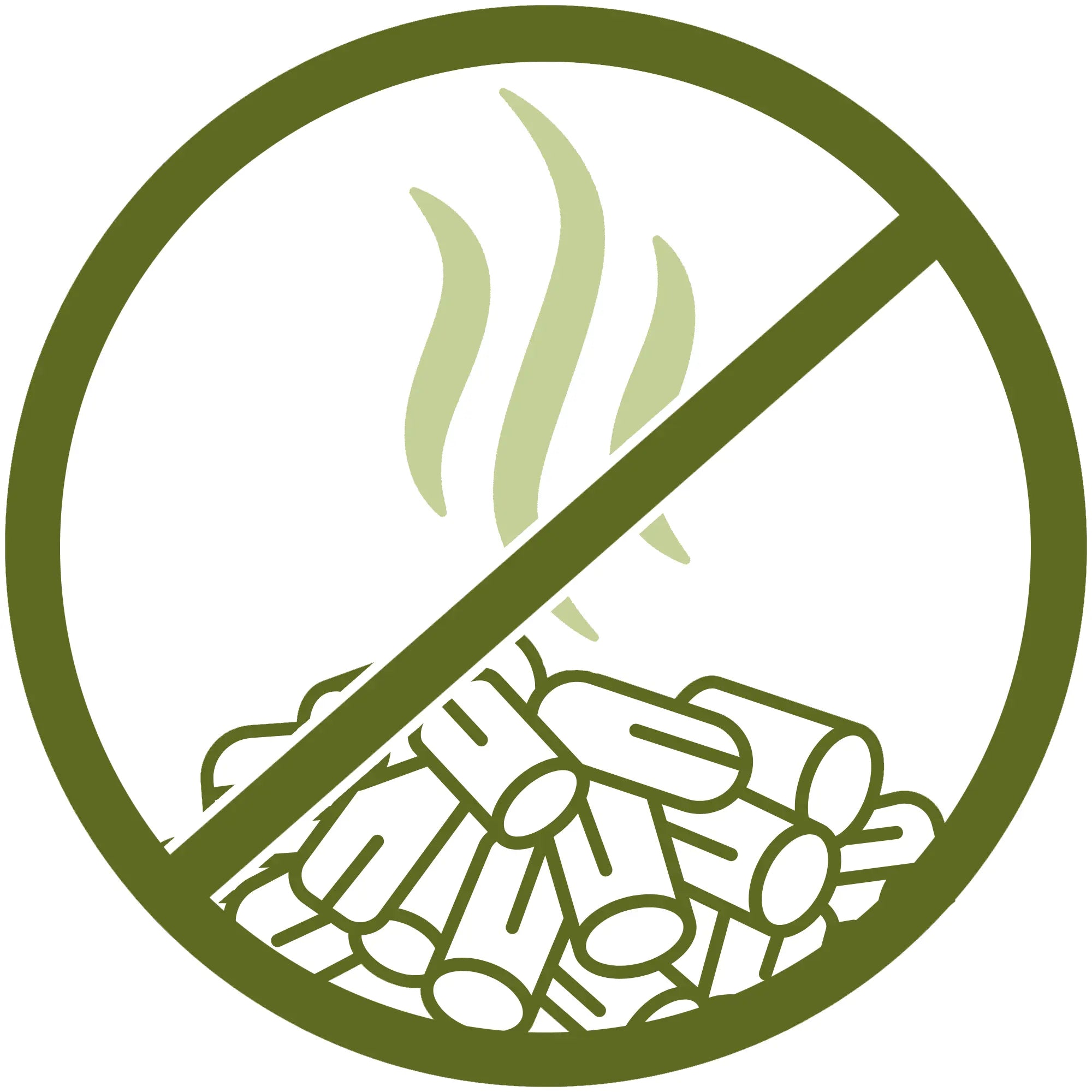 Symbol für geruchsbindendes Katzenstreu mit Holzpellets und grünen Geruchswellen, durchgestrichen mit Verbotsschild