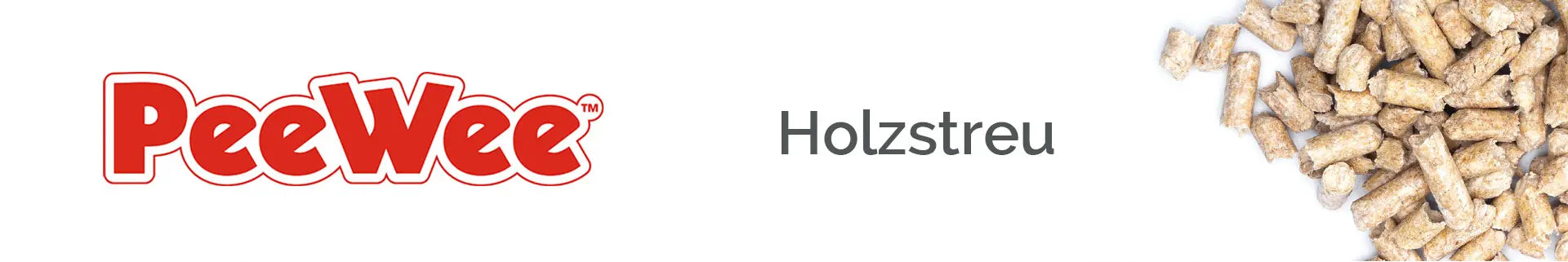 PeeWee Logo in Rot mit dem Schriftzug ‚Holzstreu‘ auf weißem Hintergrund, daneben eine große Menge natürlicher Holzpellets