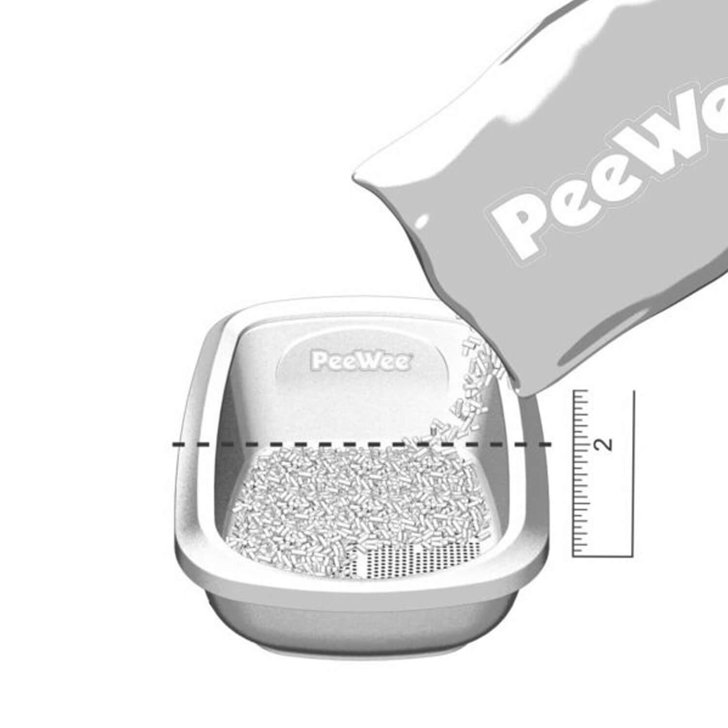 Befüllen der PeeWee Katzentoilette mit PeeWee Holzpellets bis zur 2cm Markierung