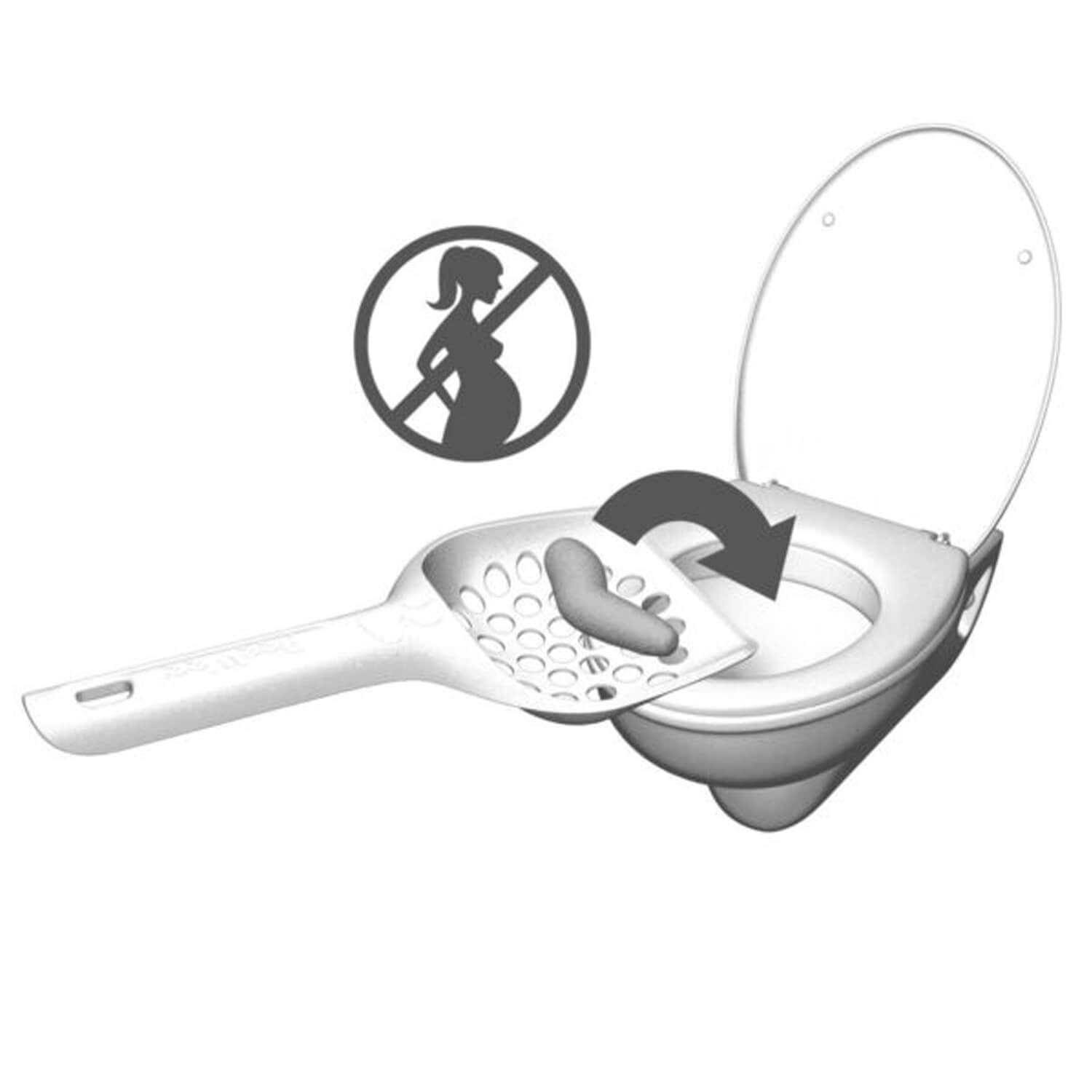 Entsorgung von Katzenkot mit Schaufel in die Toilette, Warnhinweis für Schwangere wegen Toxoplasmose