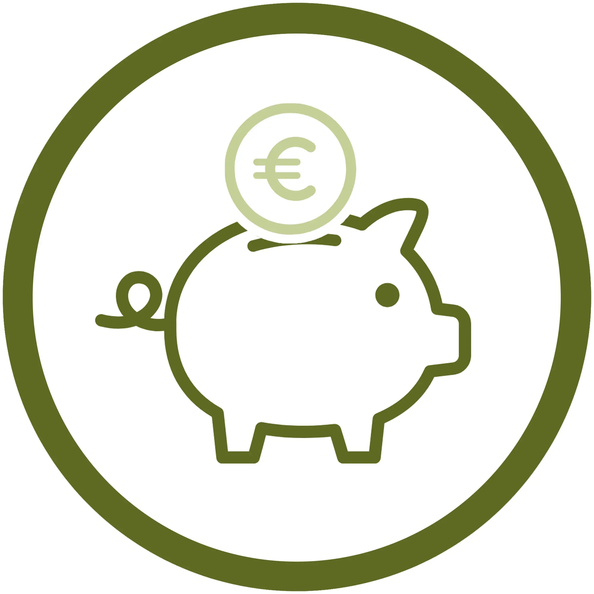 Symbol für sparsames Katzenstreu mit einem grünen Sparschwein und einer Euro-Münze darüber