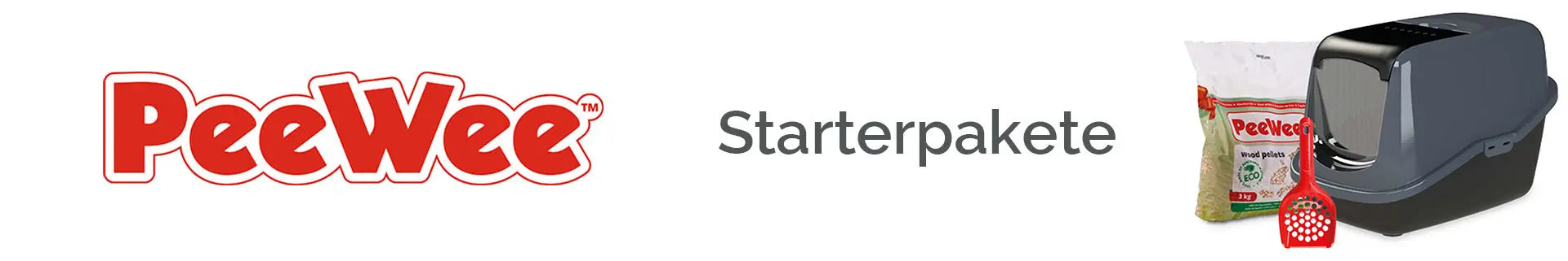 PeeWee Starterpakete Banner mit Katzentoilette, 3kg Holzstreu und roter Streuschaufel für den perfekten Start.